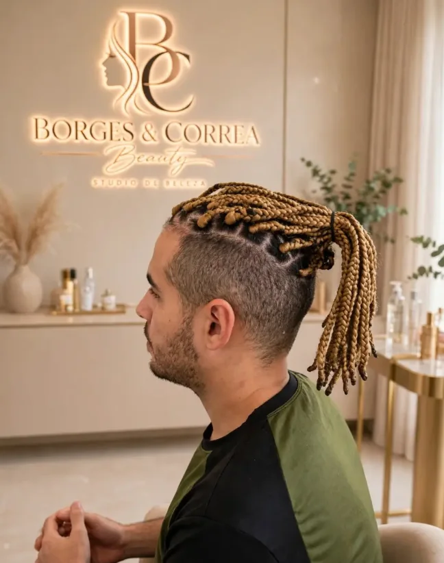 Box braids loiras presas em rabo de cavalo, trabalho feito no Studio Borges & Correa Beauty
