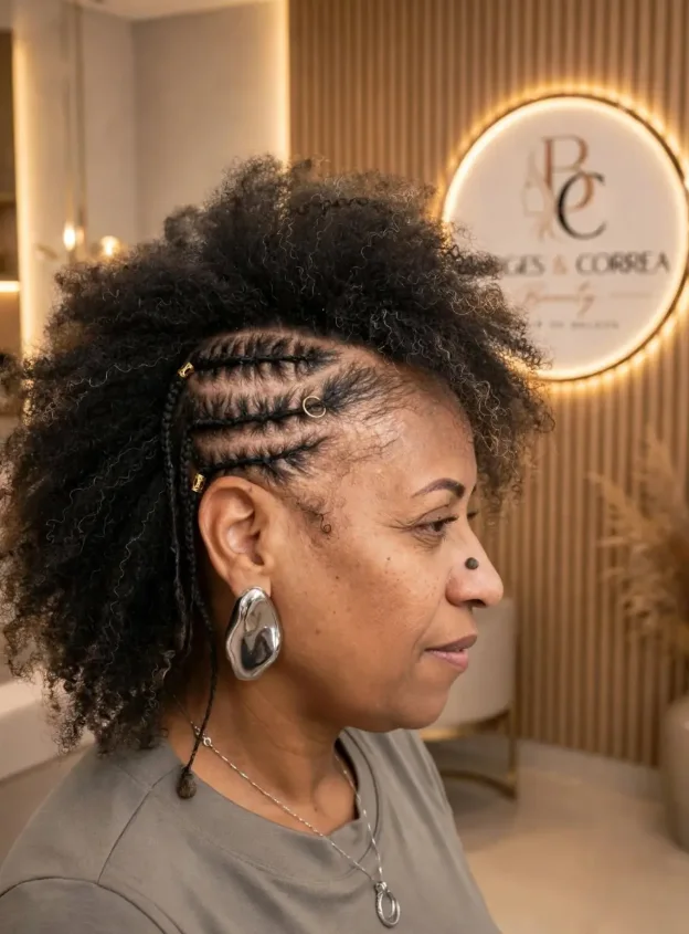 Nagô lateral com o cabelo natural solto, trabalho feito no Studio Borges & Correa Beauty