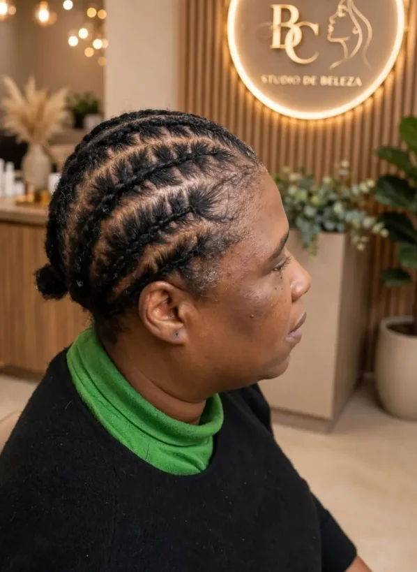 Nagô com o cabelo natural, trabalho feito no Studio Borges & Correa Beauty