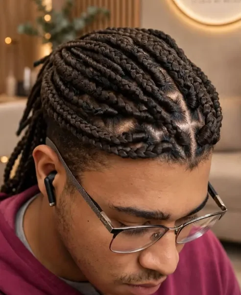 Box braids com divisões triangulares, vista de cima, trabalho feito no Studio Borges & Correa Beauty