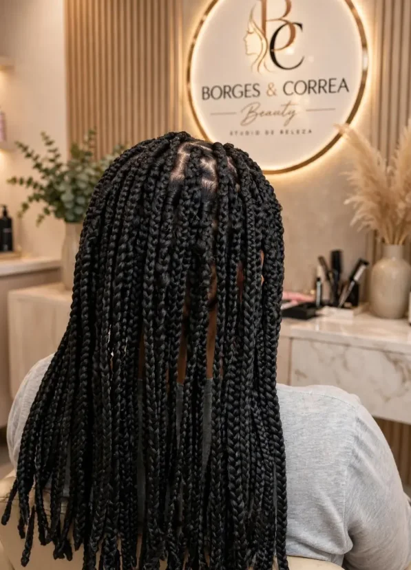 Box braids, vista de costas, trabalho feito no Studio Borges & Correa Beauty